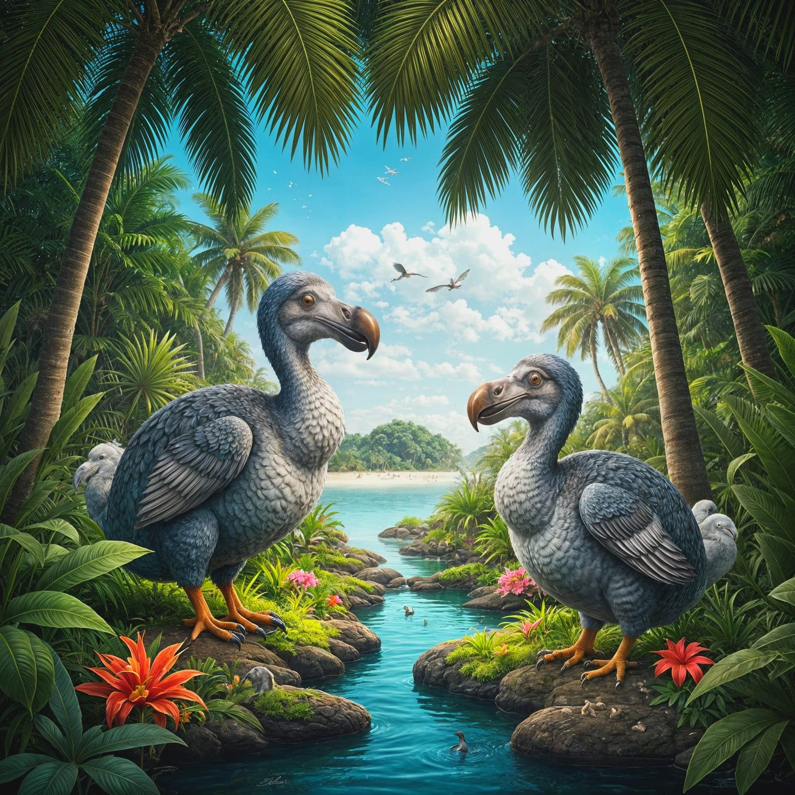 Dodo birds roaming a lush tropical island  by @Jay