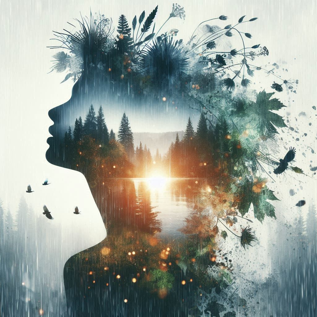 double exposure beautiful fantasy DALL-E 3 portrait landscape..