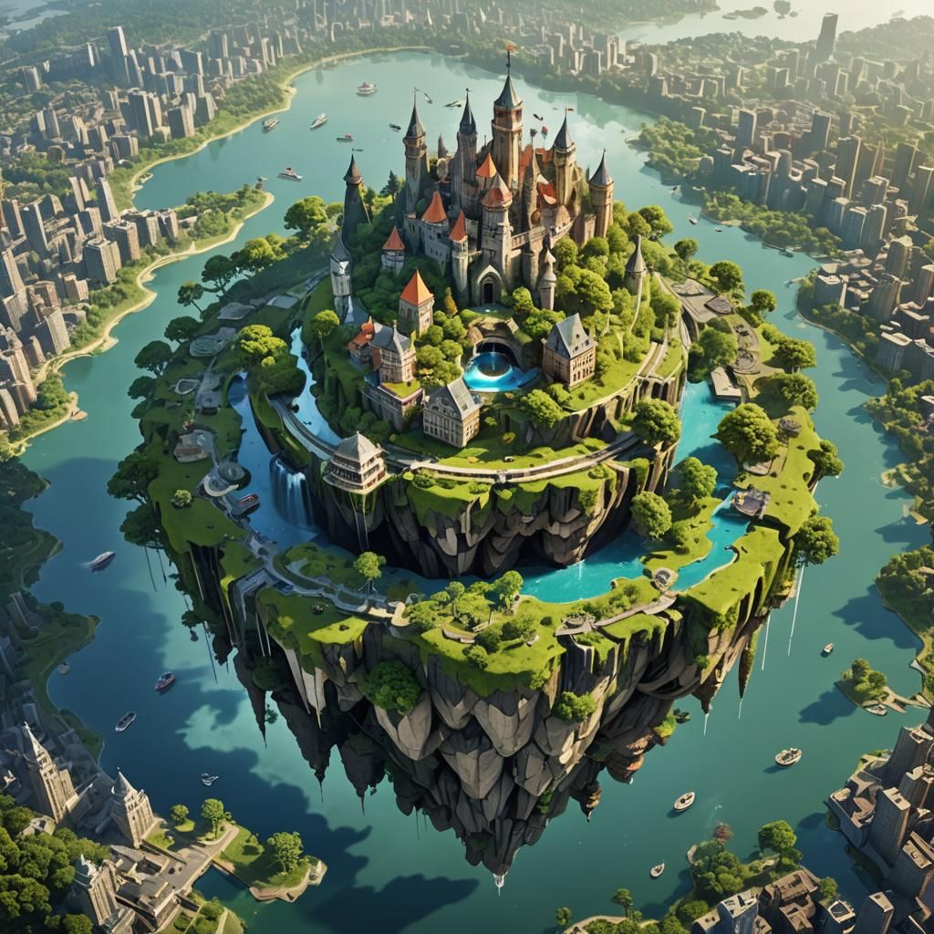 Floating Island City with Forest Undergrowth