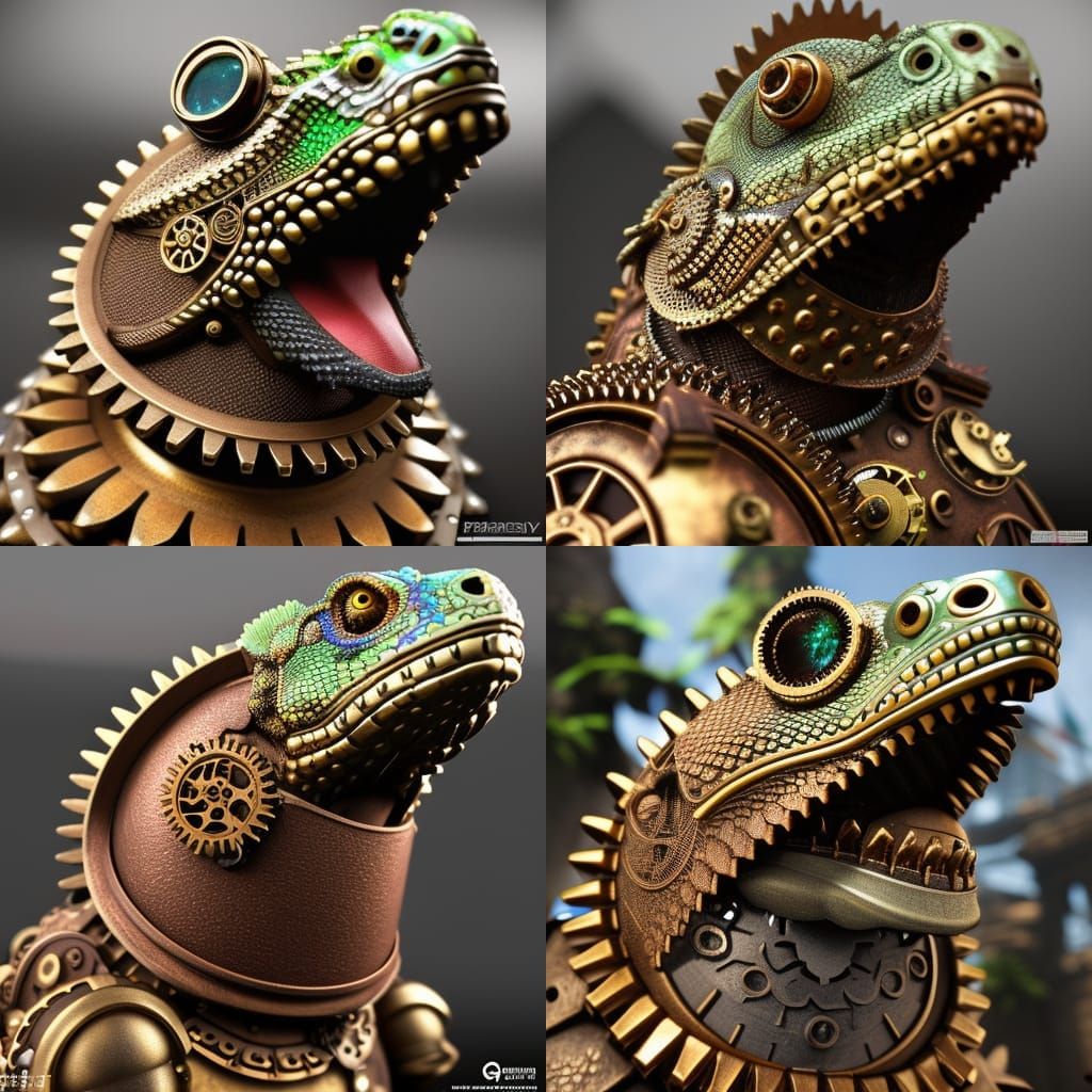 a fantasy photo of ((steampunk gears theme)) ((iguana wearing armor)), highly detailed, ((intricate)) 3d digital art, Ma...