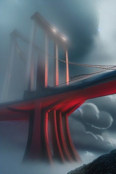 Epic Realistic Eerie picture of a huge suspension bridge ove...