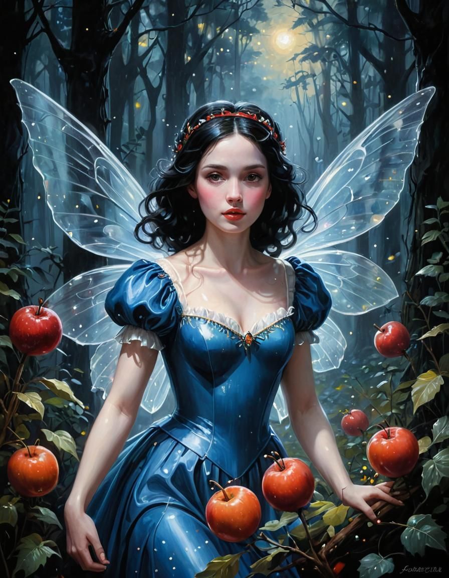 Snow White as a fairy, in the dark forest. Oil painting on c...