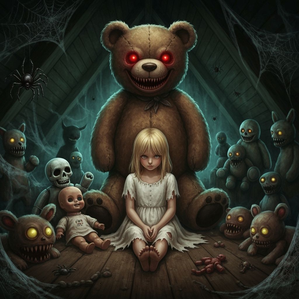 In a dark attic full of old things, a little blonde girl in a white dress sits on the floor and looks ...  by @astra artsa