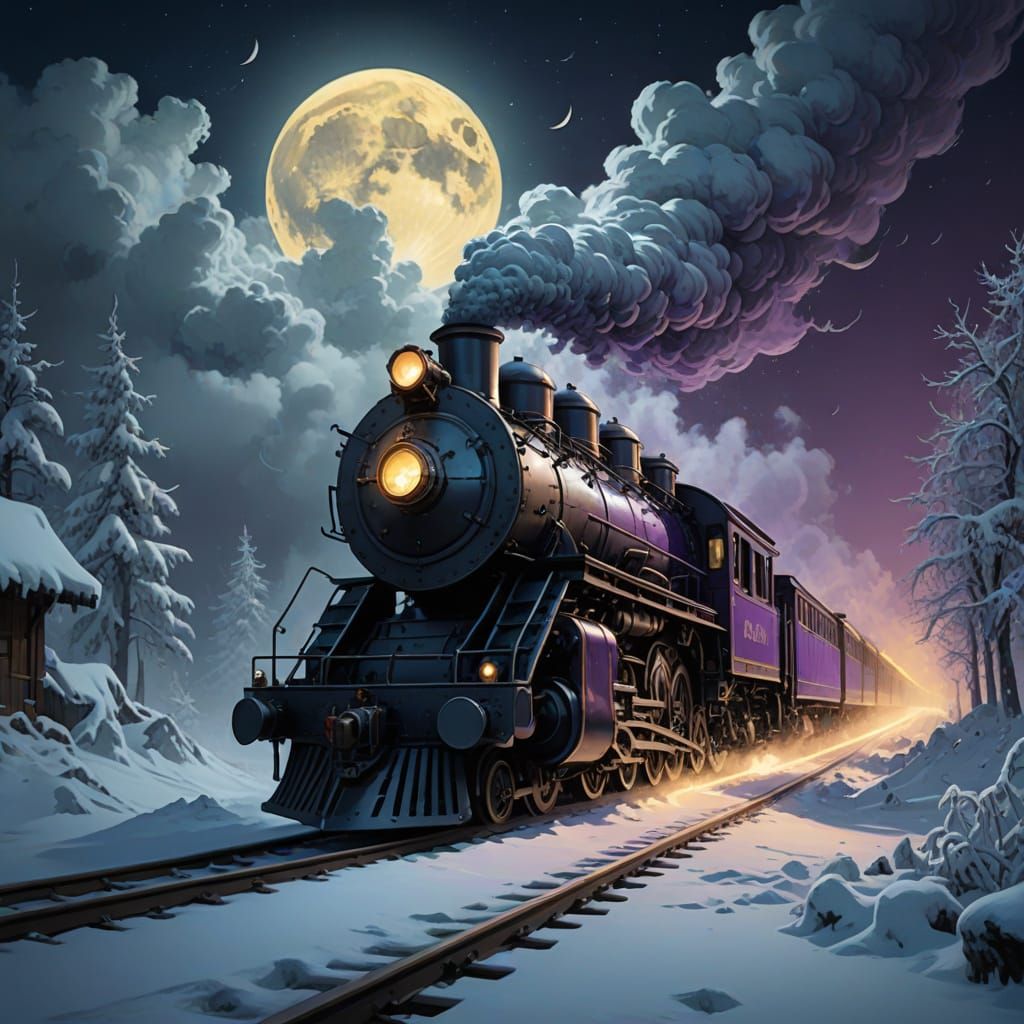 Winter ghost train on railroad going through snow under full moonsinister by Greg Rutkowski horror Gustave Doré Greg Rutkowski a masterpiece...