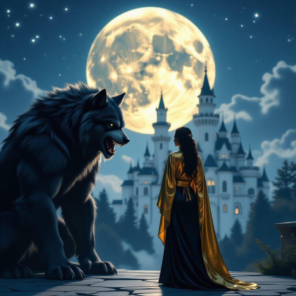 A stunningly beautiful white castle on a huge full moon and a big angry wherewolf standing next to a gorgeous lady dressed in long glossy bl...