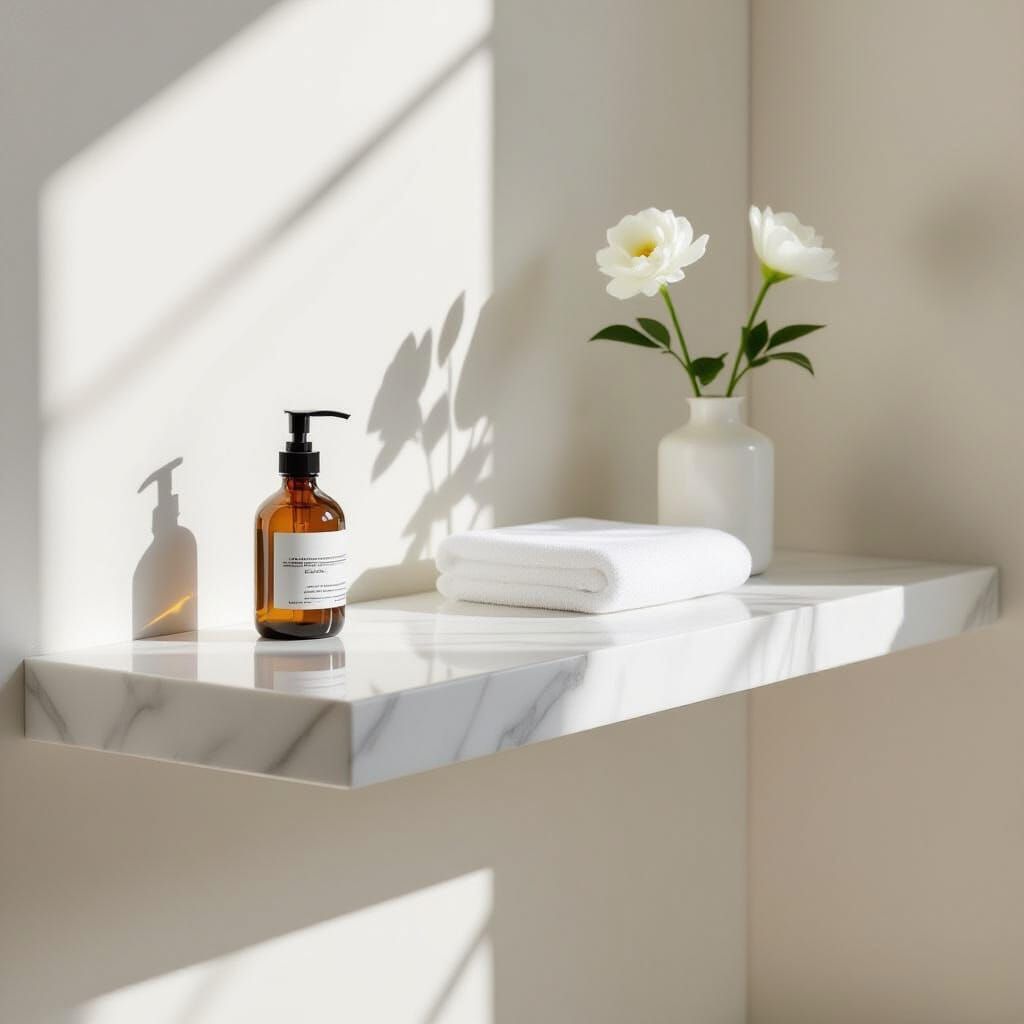 minimalist luxury bathroom shelf, natural light, marble surface, empty space for product placement, photorealistic, style of architectural d...