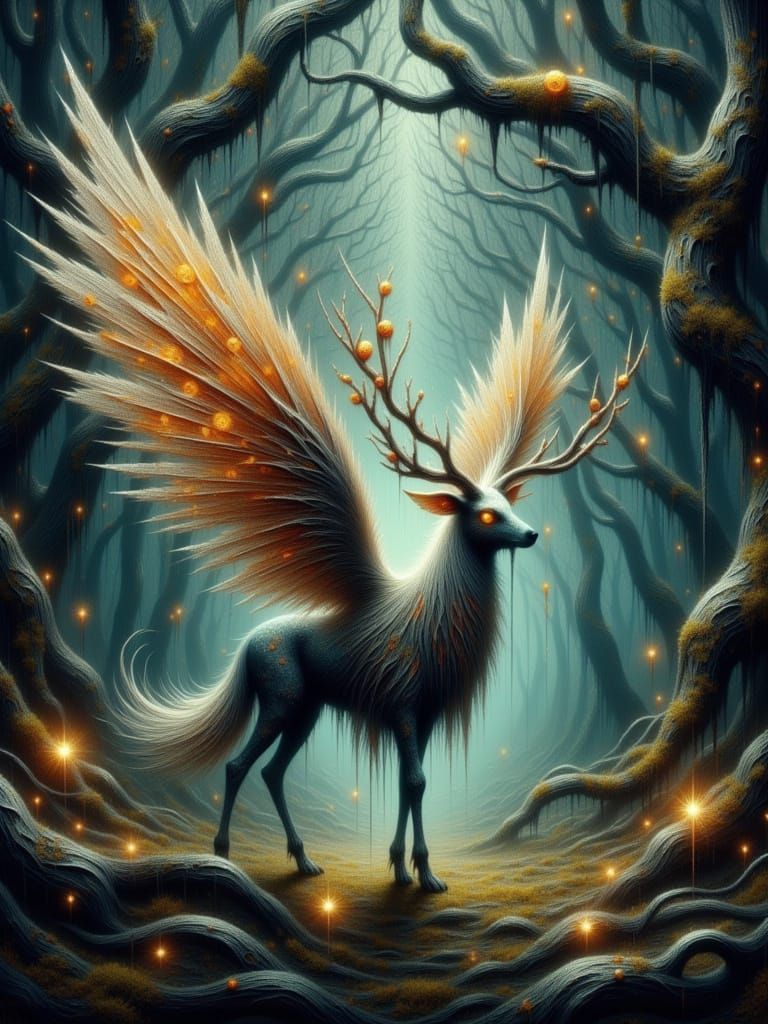 Twilight Forest with Phoenix-Stag Creature