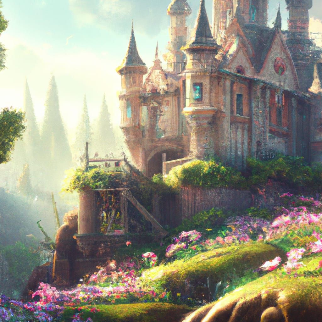 Spring Castle Digital Illustration in Photorealistic Style