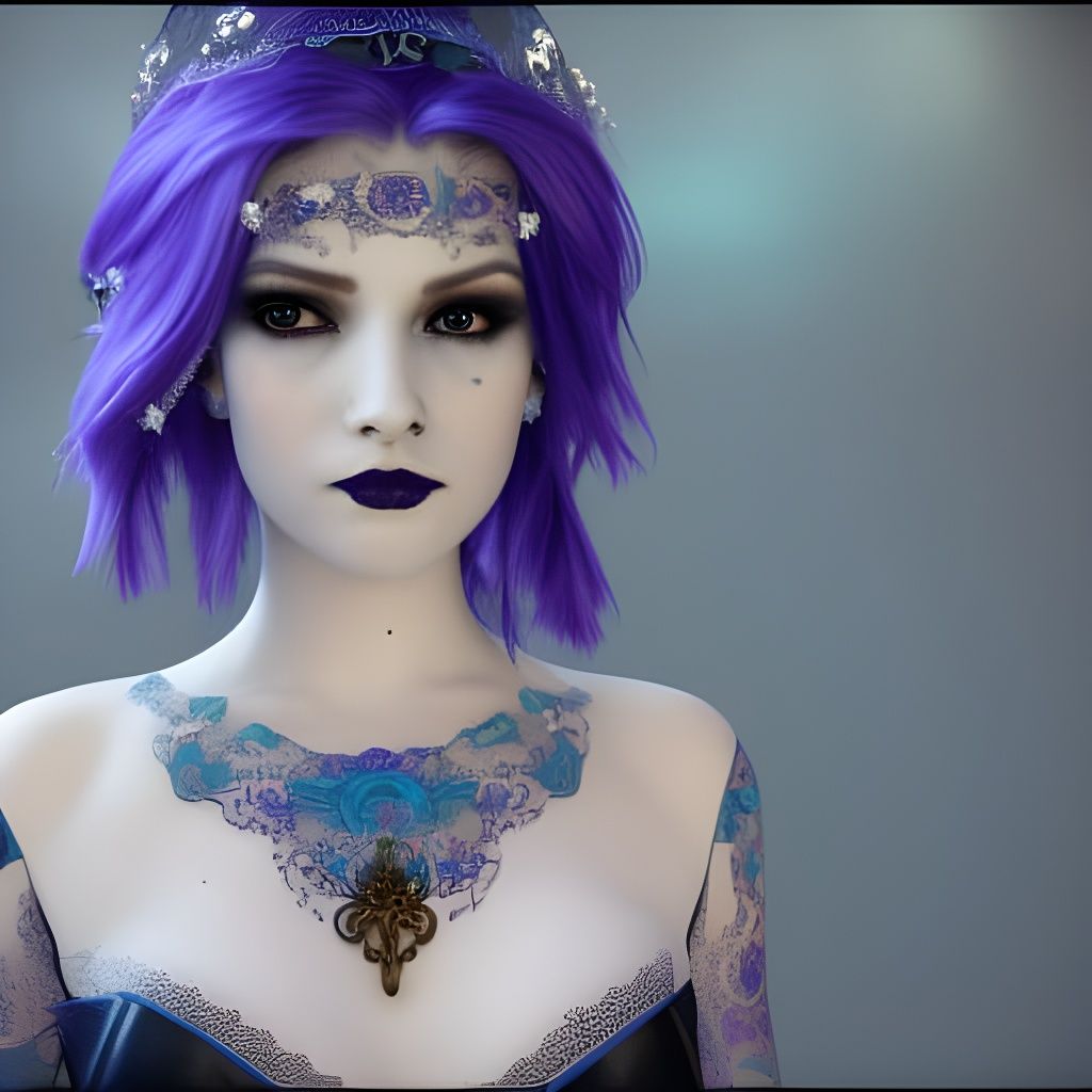 8k, gorgeous emo princess purple hair woman, in blue lace, blue lipstick,  intricate and highly detailed leather bustier, long blue veil, sea... :  r/nightcafe