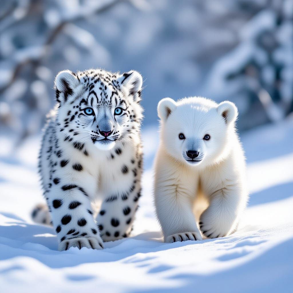 גור של נמר שלג וגור של דוב שלג הולכים ביחד בשלג