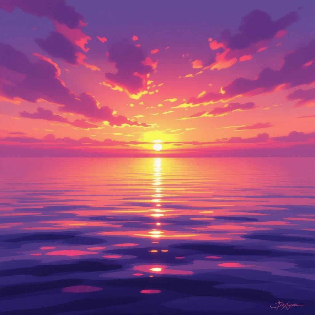 A glowing sunset over a calm ocean. The top quarter of the image is filled with streaks of deep pink, warm orange, and bright golden yellow ...