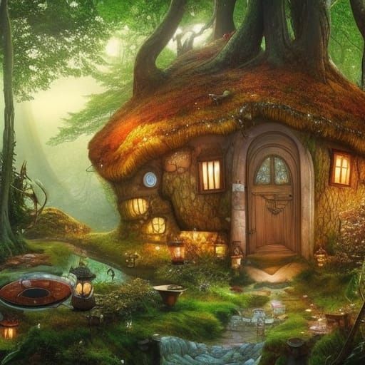 fairy cottage with tree roof - AI Generated Artwork - NightCafe Creator