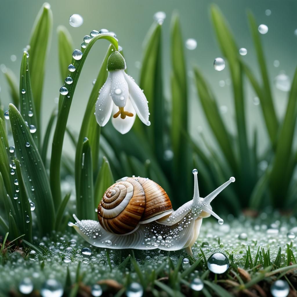 a snowdrop flower and a snail  by @Marta