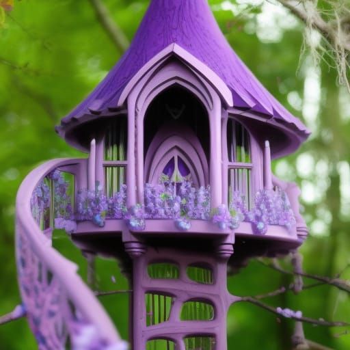 Legendary dreamy gothic purple treehouse with purple blossoms in the