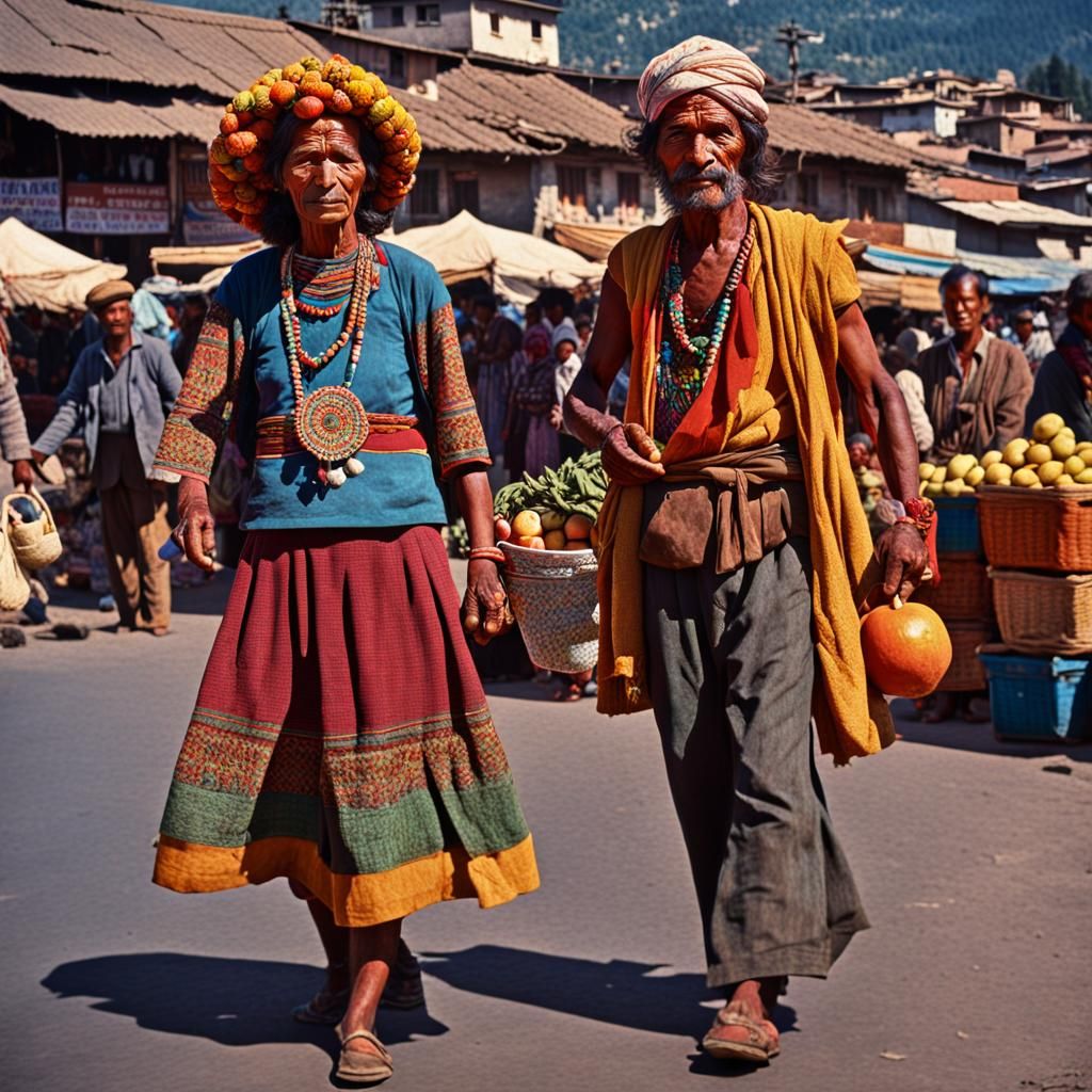 Hyperrealistic photo of (homme et femme 
 à Katmandou 1970 p...