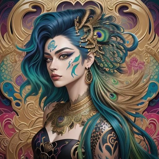 Beautiful woman rainbow dragon serpent with metallic gold sk...