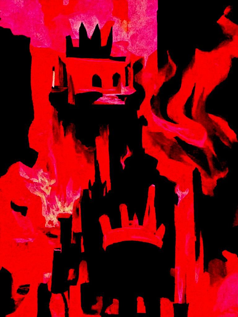 The king sits at his throne in a burning old castle, trendin...