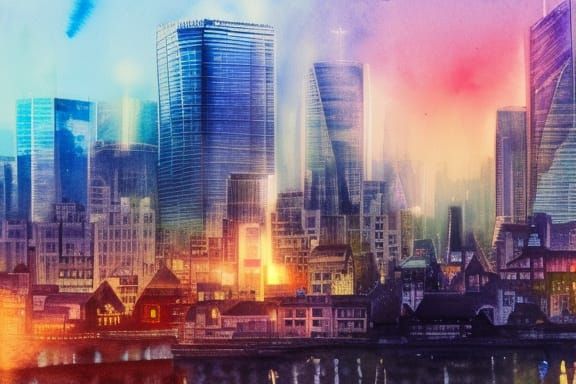 Skyline Rotterdam, watercolor, Epic cinematic brilliant stun...