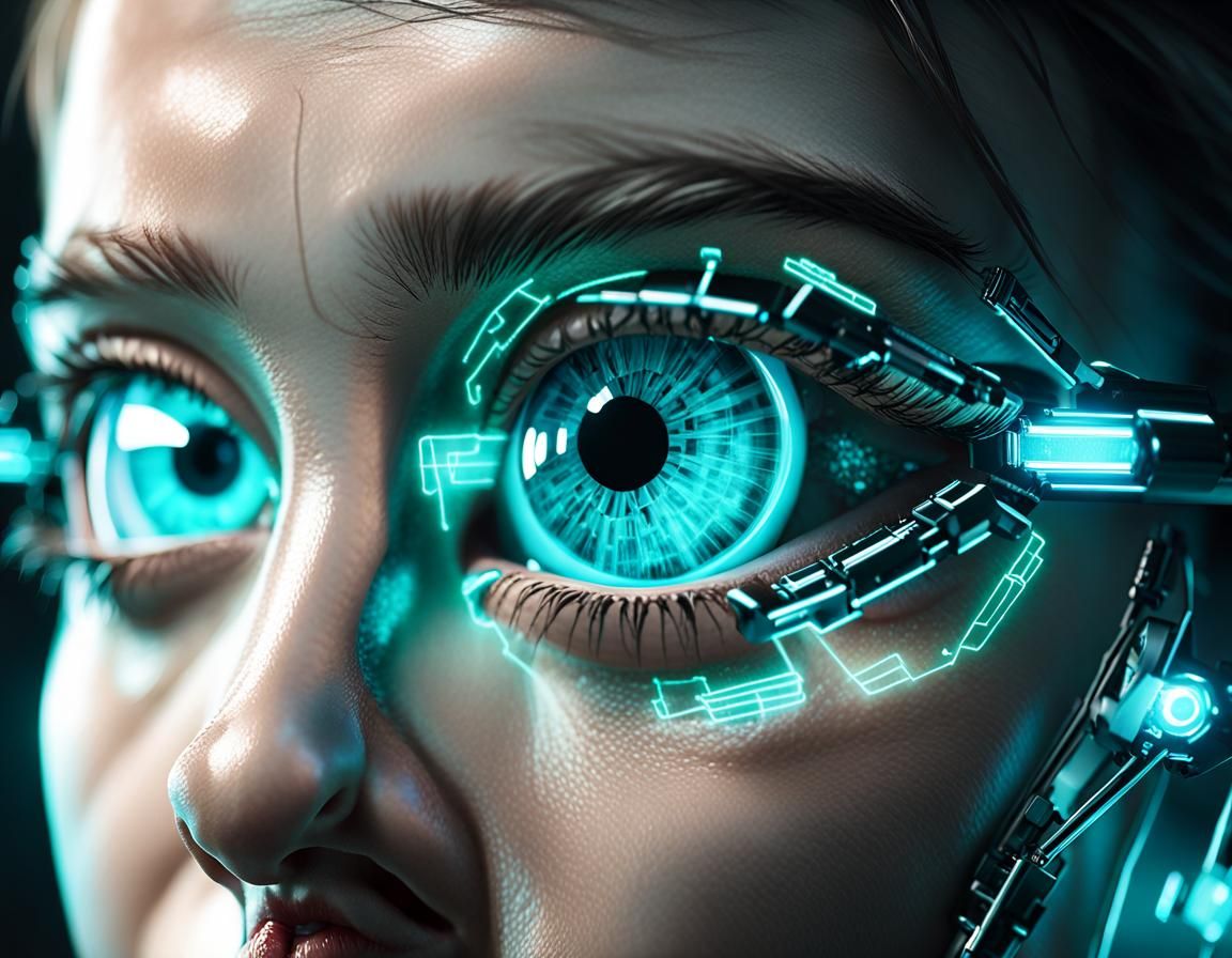 Close-up Glowing turqoise eyes, glowing internal parts, West...