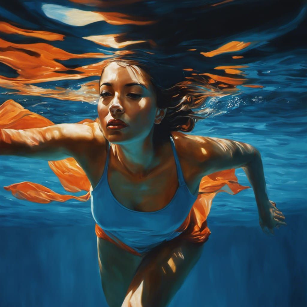 a midnight painting, a painting of a woman swimming underwater, in the ...