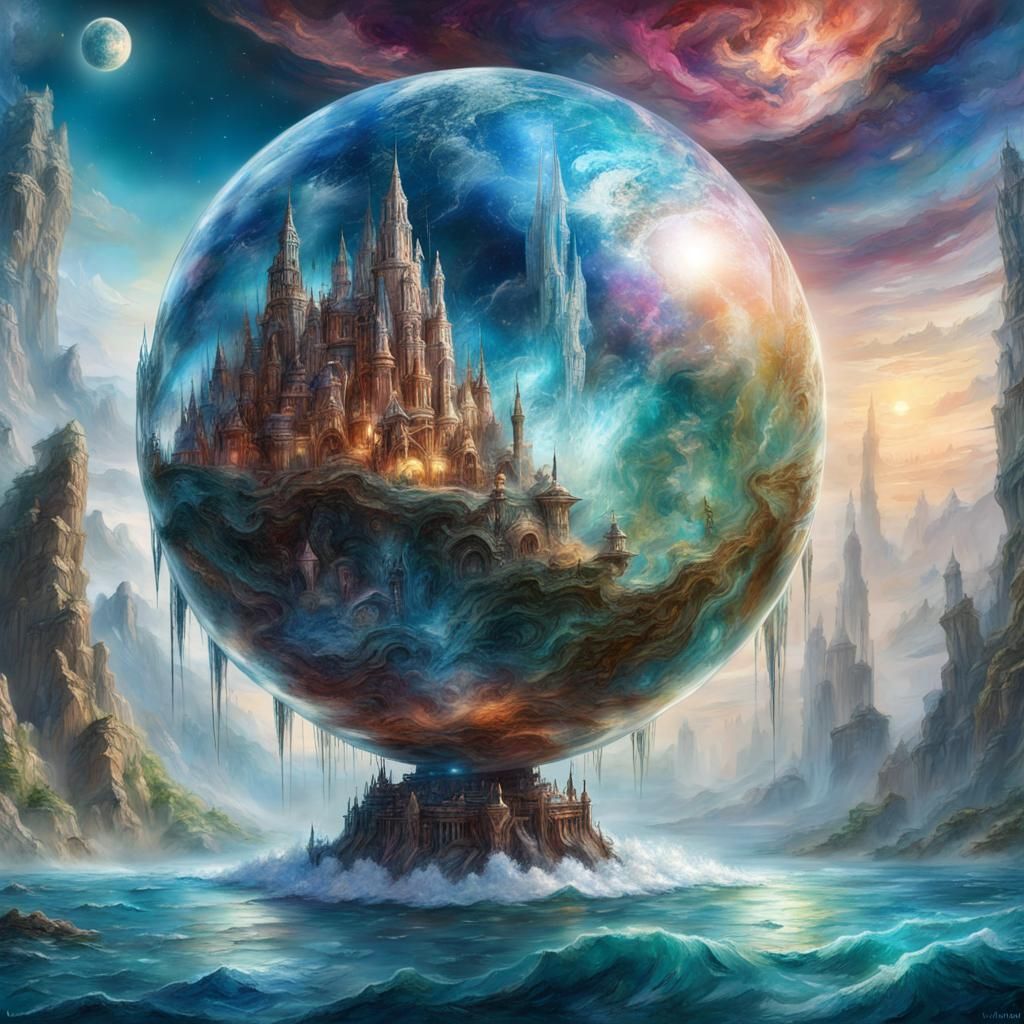 Giant Crystal Earth Globe floating above Atlantis, by Josephine Wall, Russ Mills, Pino Daeni, Anna Dittman, ...  by @Elke Buerger