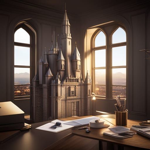 Origami castle is on the desk, by a window with sun.  very d...