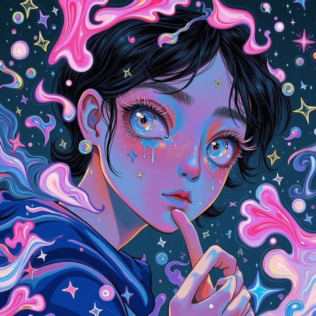 Intricately detailed illustration style. Textured, clean art. A close up ofba male stars andntears pouri g down his face,  surreal colourful...