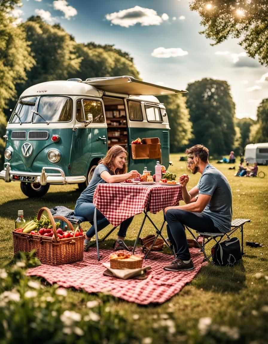 A husband and wife in a park having a picnic. In the back is a camper van.  intricate details, HDR, beautifully shot, hyperrealistic, sharp...