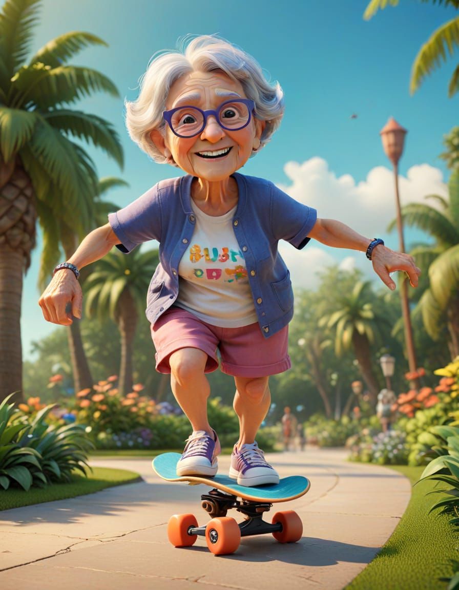 Funny grandma skateboarding in a lush beachside park. Pixar, Disney, concept art, 3d digital art, Maya ...  by @PinkStrong