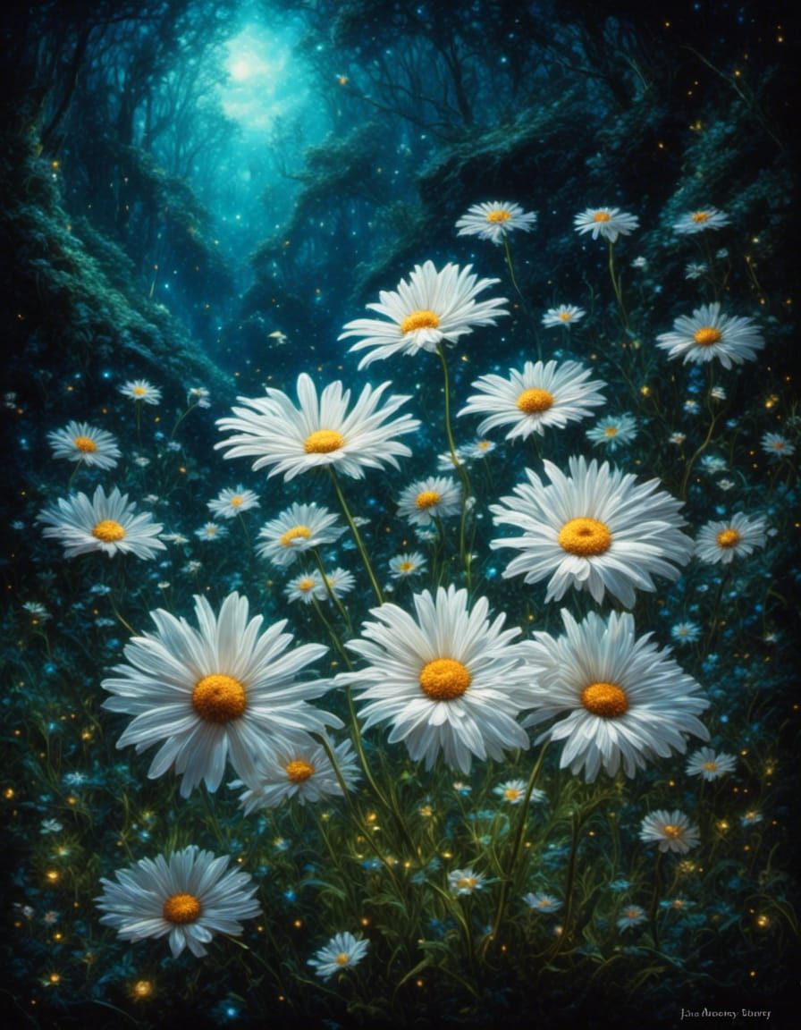 Translucent Ghost Daisies Oil Painting with Luminous Glow