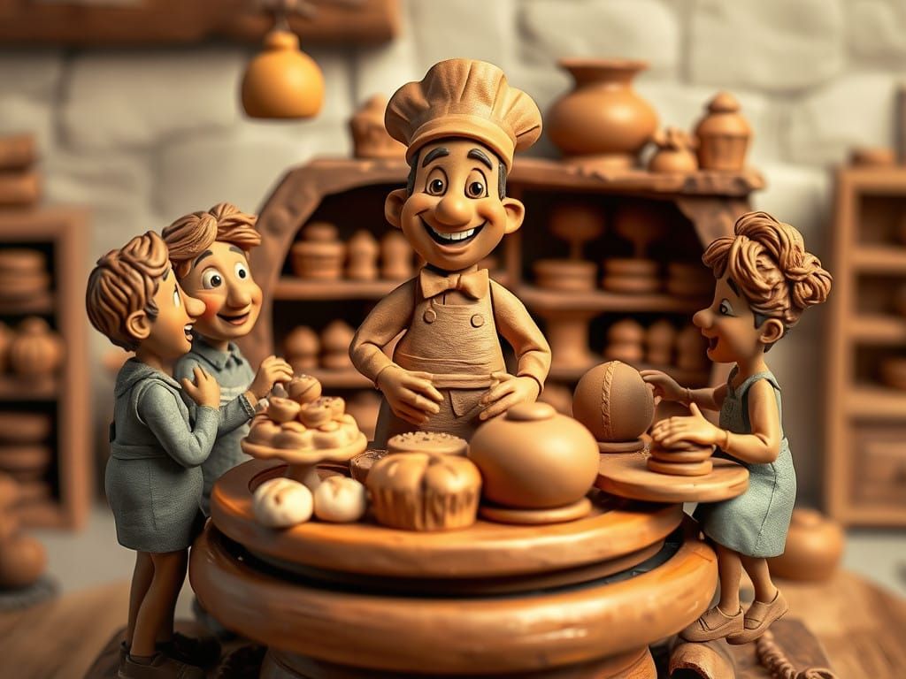 “Claymation”. a scene, all moulded from clay. The scene sits on a Potter’s Wheel. A bakery, with cakes and bread and customers and a Jolly B...