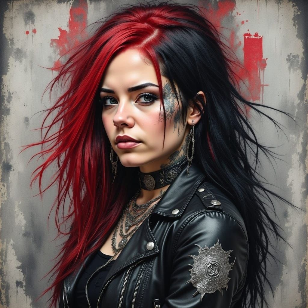 <lora:Scruffy Intensity:1.0> watercolor alcohol ink artistic portrait, young white woman portrait, black leather jacket, grunge, poster styl...