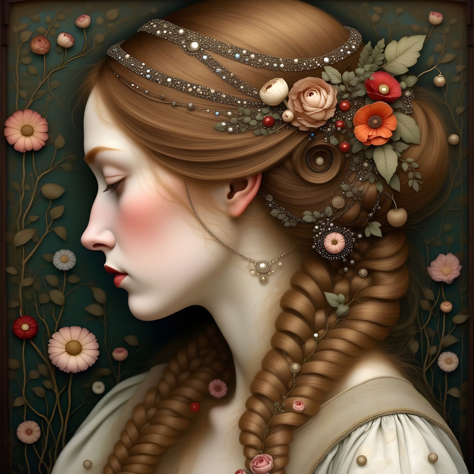 Botticelli-styled hairdo with braids, coils, and curls, adorned with gems, flowers, and leaves
