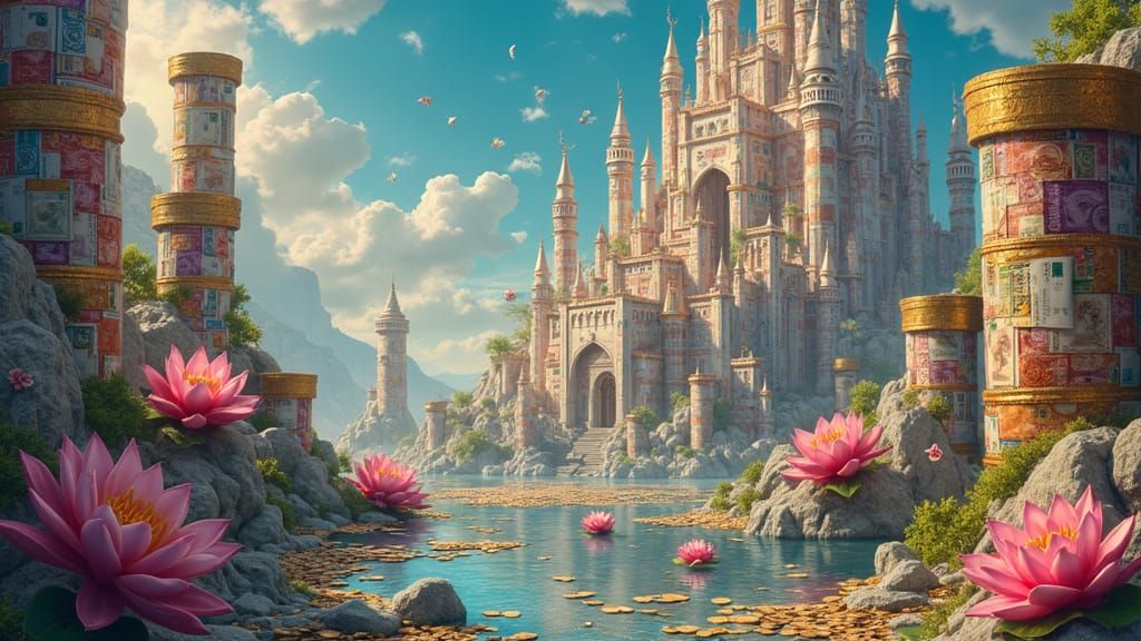 "A surreal fantasy landscape where an enormous castle is constructed entirely from stacks of colorful banknotes and shim...