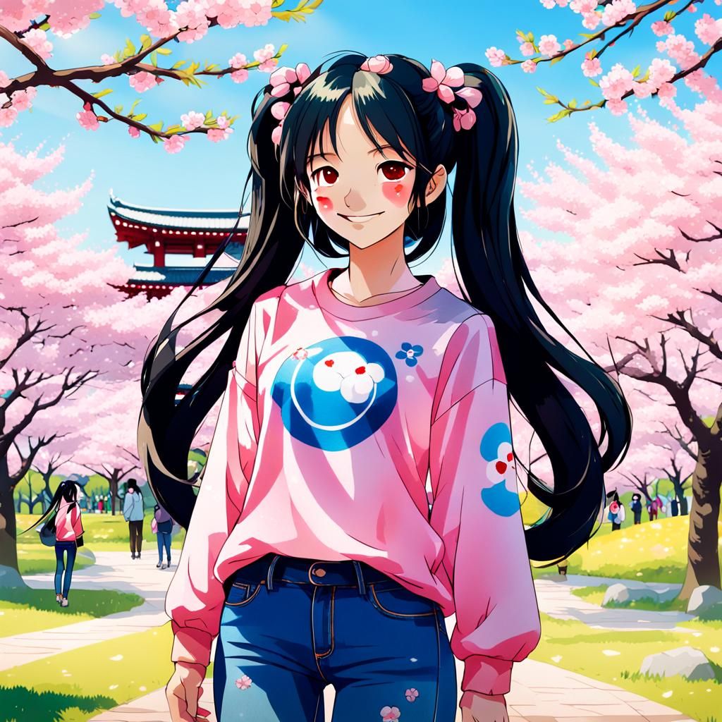 Modern anime illustration. Full body view. A beautiful, curvy woman with long black hair in twintails, wearing a pink shirt and blue jeans,...