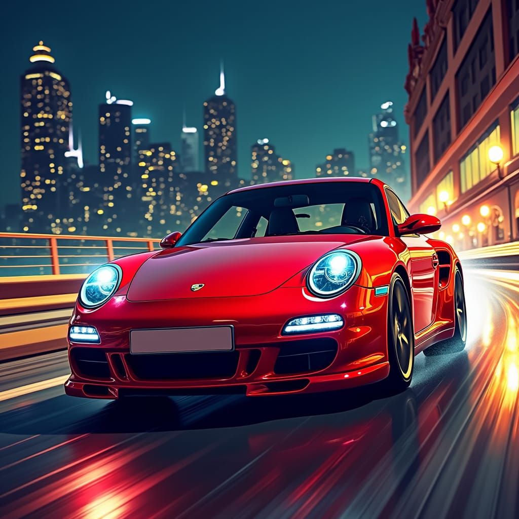 Red Porsche 997, driving in the night