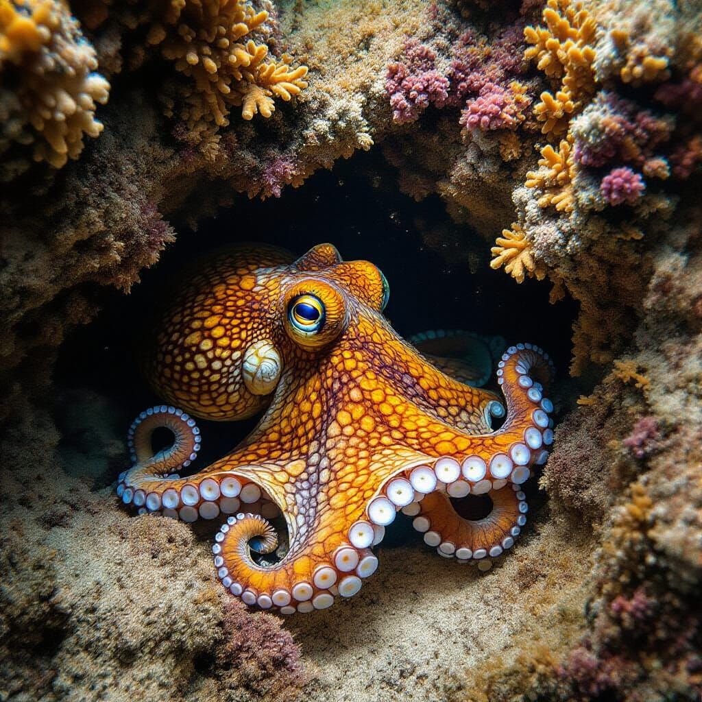 An octopus in hiding
Hidden in a cave nestled among the intricate structures of a coral reef, an octopus ...  by @Razzmama 
