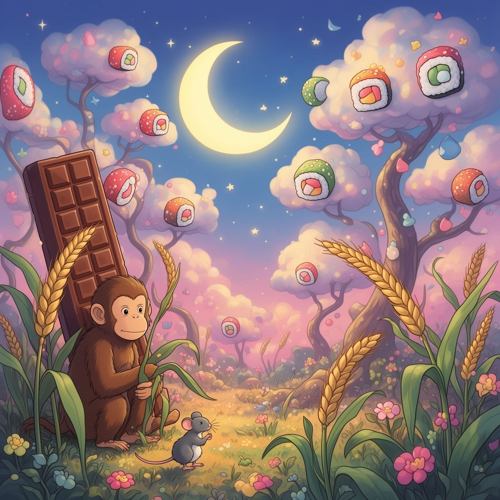 Surreal Landscape of Chocolate Trees and Floating Sushi Clou...
