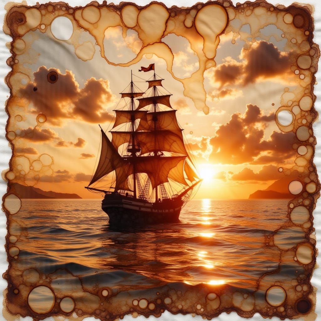 <lora:NC Coffee Stain-DE:1.0> in the artistic style of a double exposure coffee stain with a Pirate ship in a stunning Hawaiian sunset. Span...