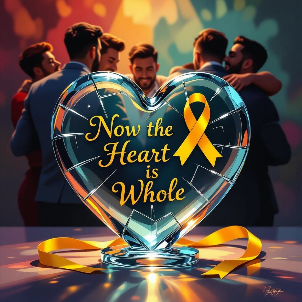 Cracked Glass Heart With Golden Inscription and Men Embracin...