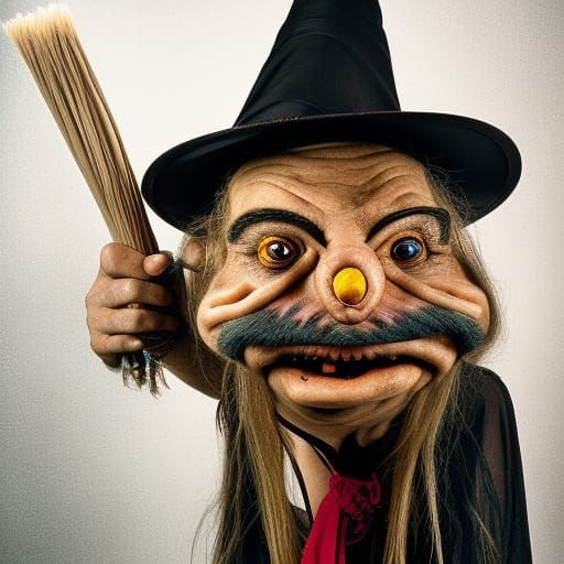 Silly  Ugly looking Witch holding a Broom Stick in a Ed Roth...