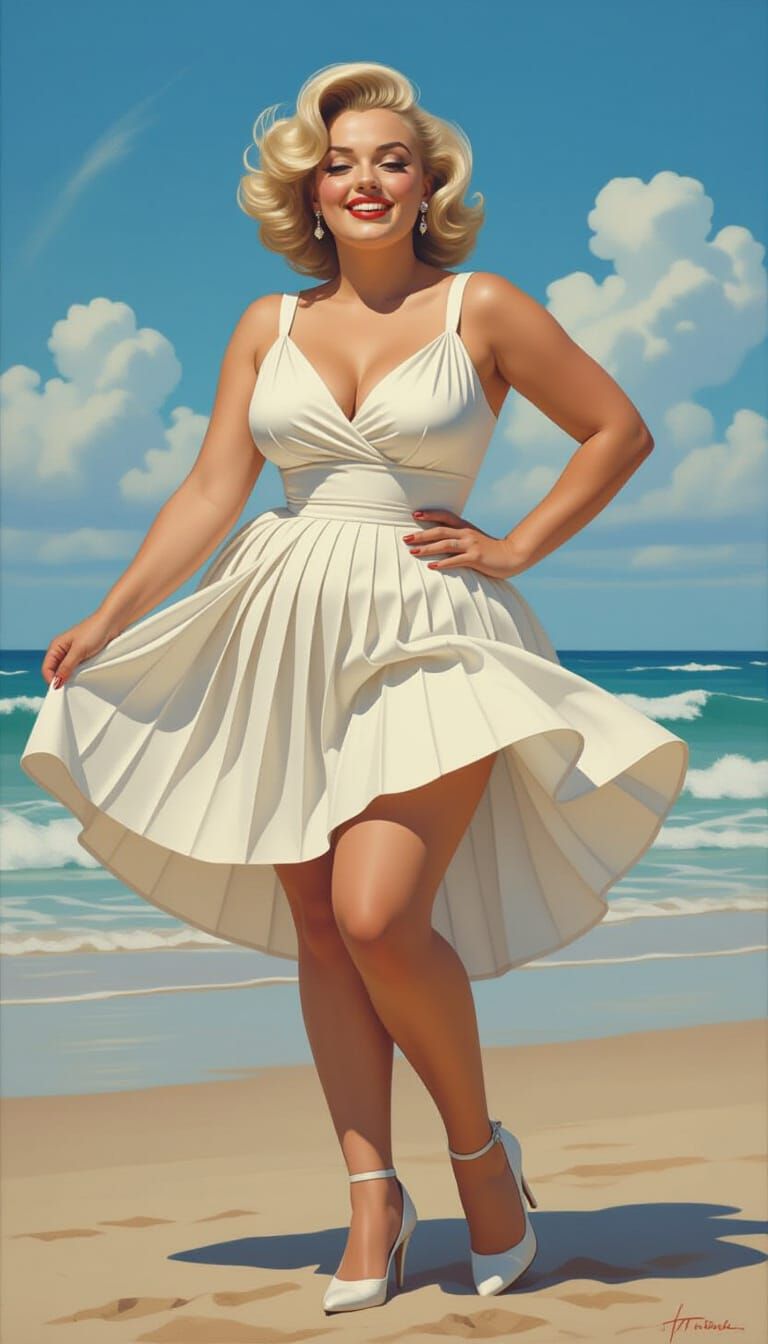 Marilyn Monroe Portrait on Windy Beach in 50s Style