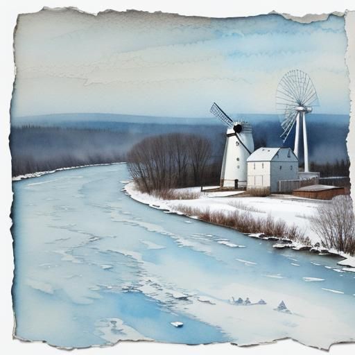 torn paper collage art, watercolours - winter, wind mill Pol...