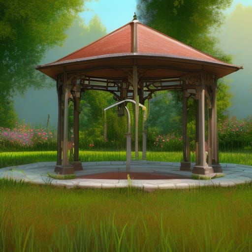 garden gazebo in a church courtyard, students sitting in the...