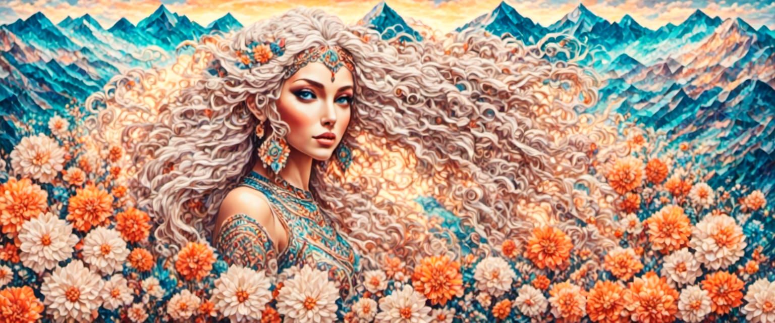 Mosaic Flowers and Mountain Landscape