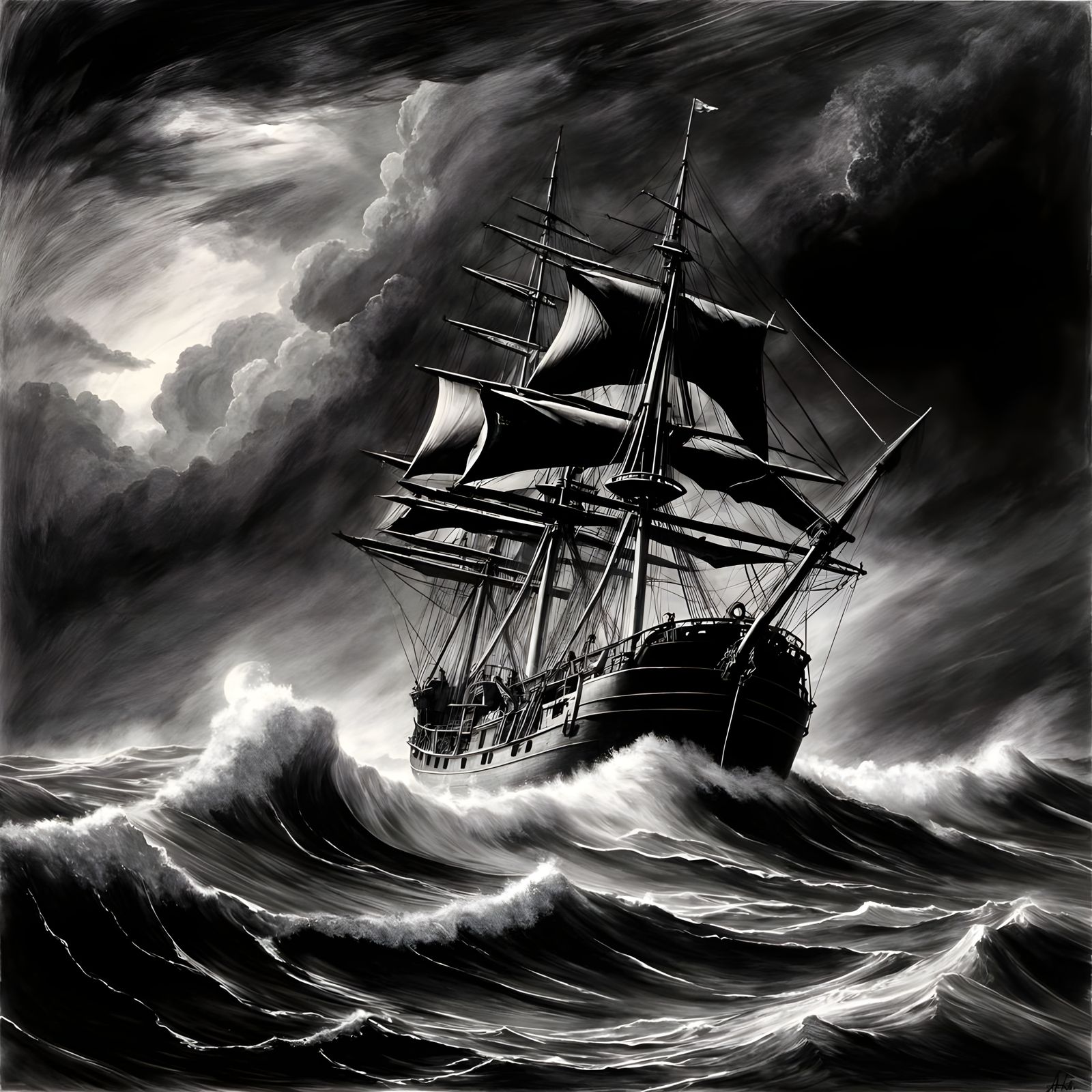 Die Nuestra Señora de la Santísima Trinidad  Ozean Hohe Wellen Dunkel Himmel Blitze hyperdetailed charcoal ...  by @Londo Mollari