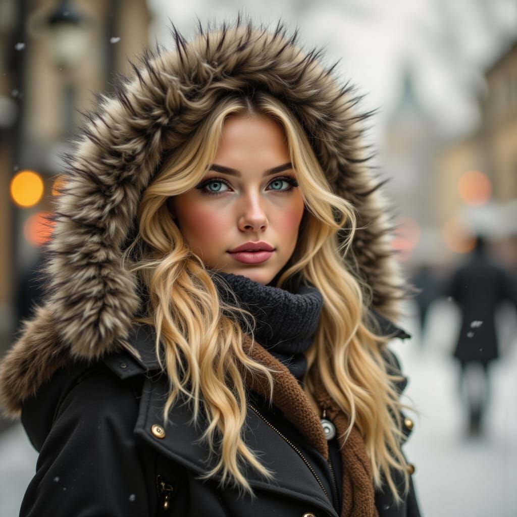 Russian Woman Poses in Snowy Moscow, Tonalist Atmosphere