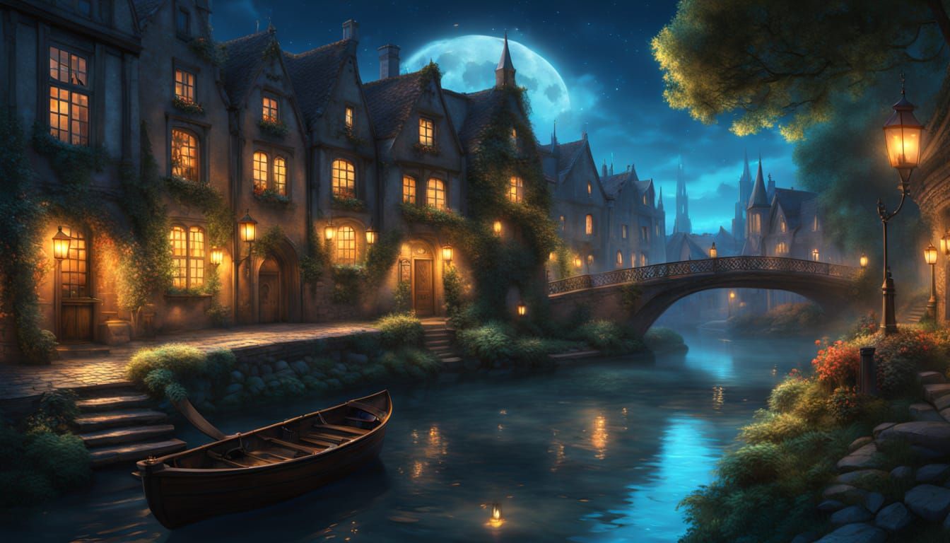 A highly detailed digital artwork of a enchanting medieval fantasy city at night, built along a narrow winding canal with calm turquoise wat...