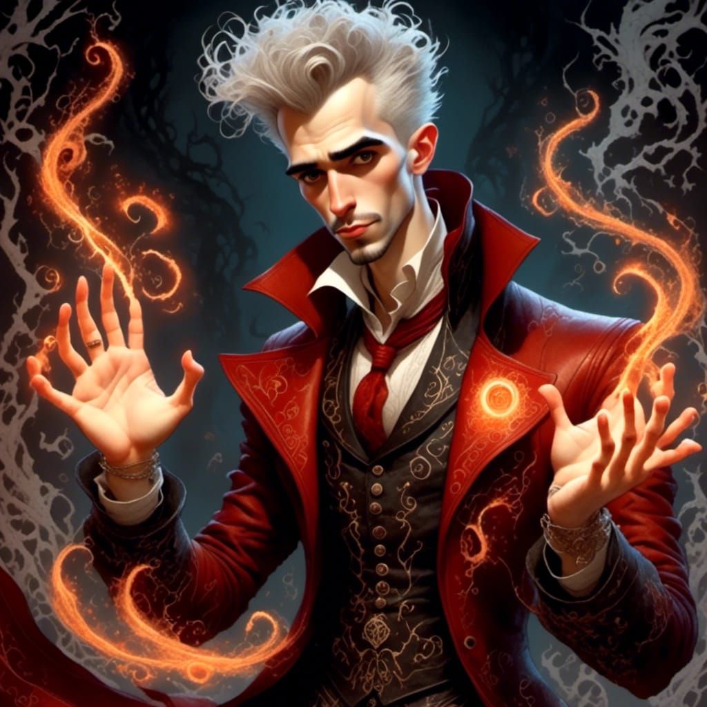  <lora:Venus in Polyester:1.0> A sorcerer in a red leather vest conjuring lightning from their hands