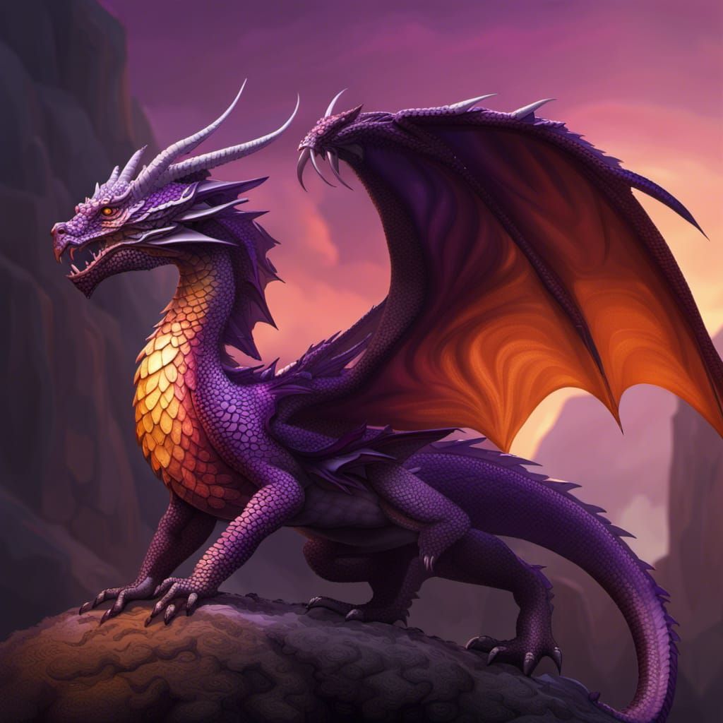 Beautiful royal purple dragon with the sunset reflecting upon its ...